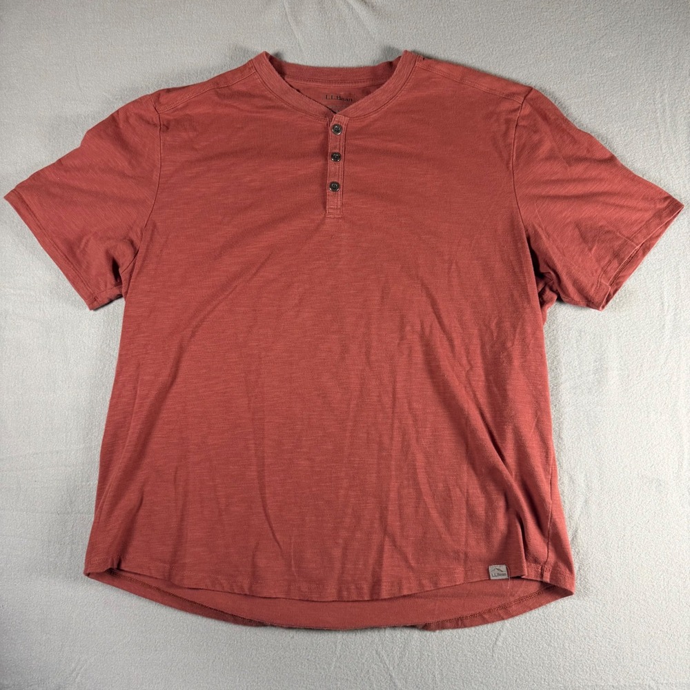 LL Bean Mens Henley Shirt Large Regular Brick Red Short Sleeve Slub Knit 519171
